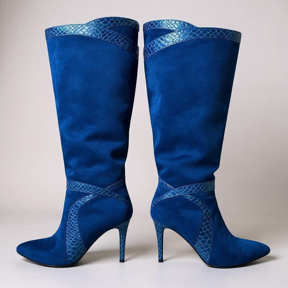 6.5 Monroe & Main royal blue suede knee-high boots with snakeskin trim chic sexy